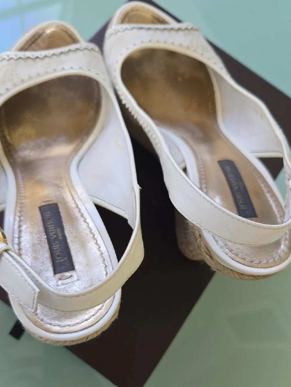 Louis Vuitton Cream Lace Slingback Espadrille Wedges with Gold Insole